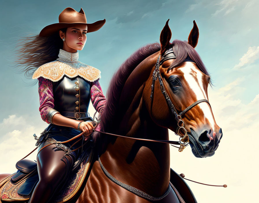 Woman in Western attire riding chestnut horse under blue sky