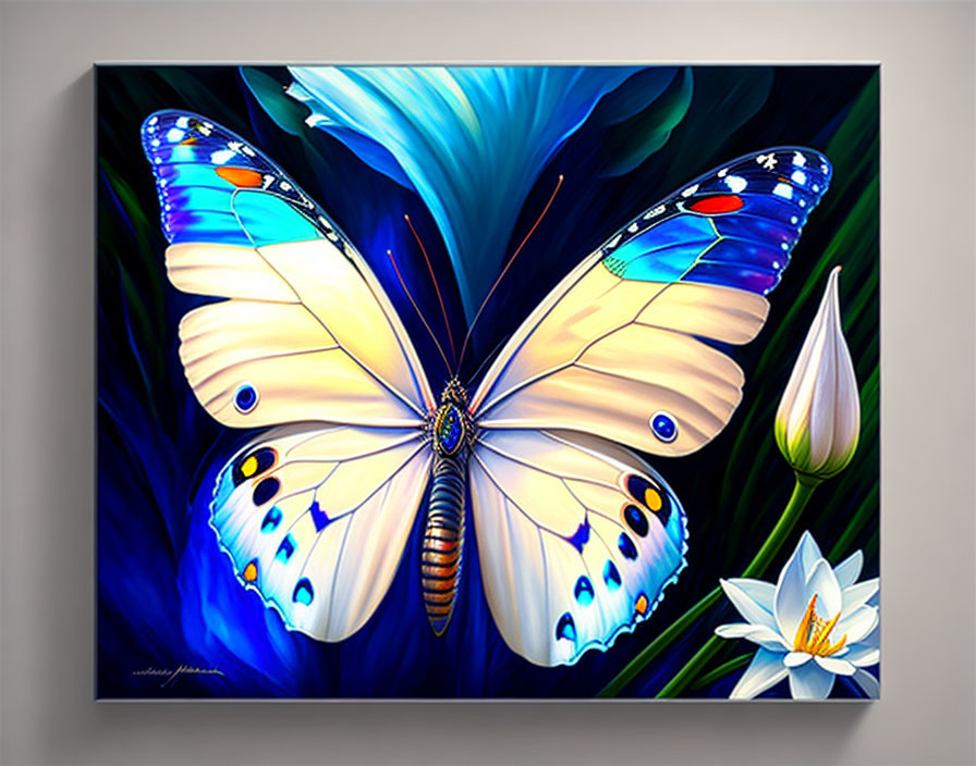 Detailed blue and white butterfly painting on canvas with intricate patterns, set in dark blue foliage with white flower