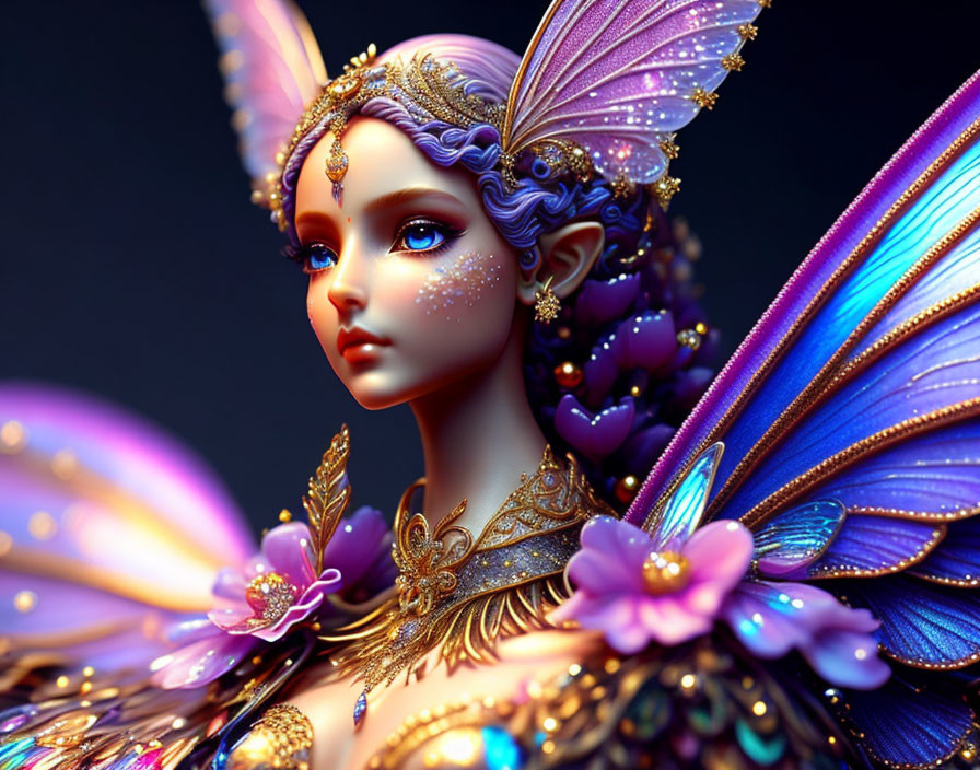 Fantastical female figure with butterfly wings and golden adornments