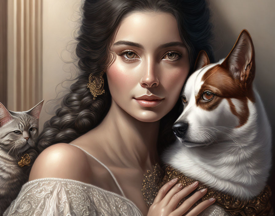 Dark-haired woman, Corgi dog, and grey tabby cat in image.