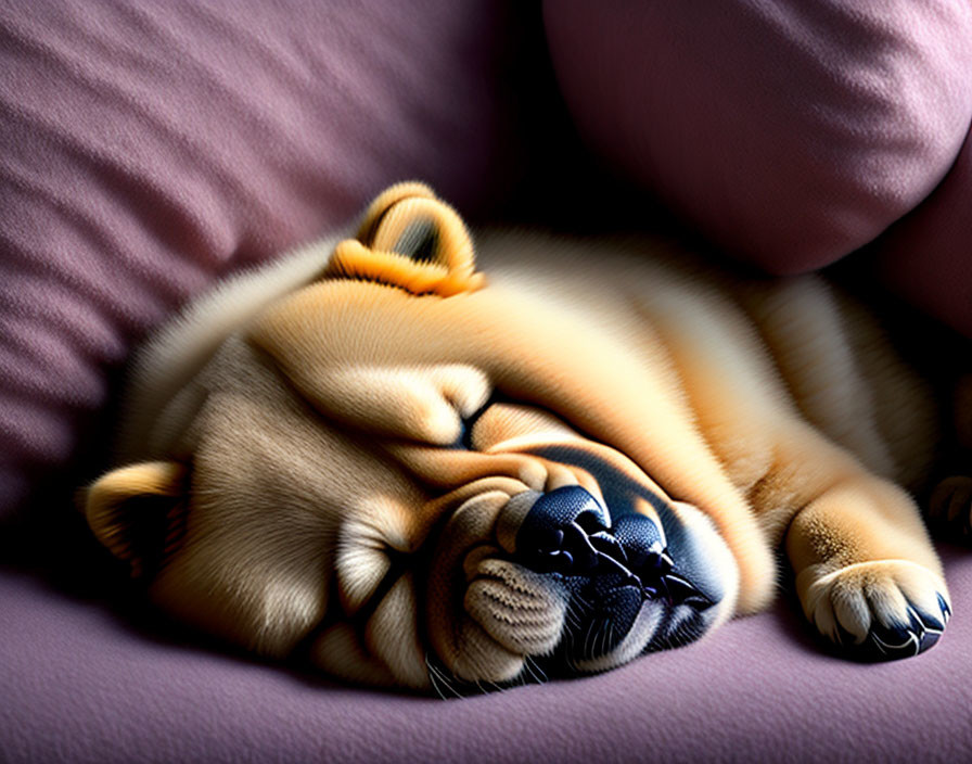 Chubby pug sleeping on plush purple couch