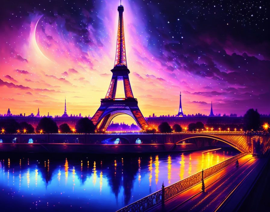 Nighttime Eiffel Tower painting with starry sky and crescent moon.