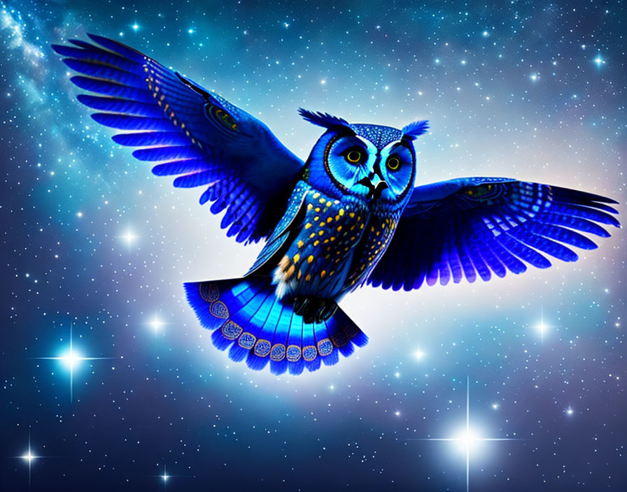 Colorful owl illustration flying in starry night sky.