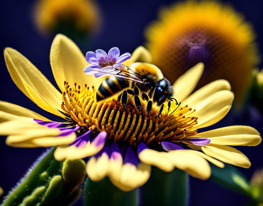 Bee gathering nectar from yellow and purple flower with blurred background