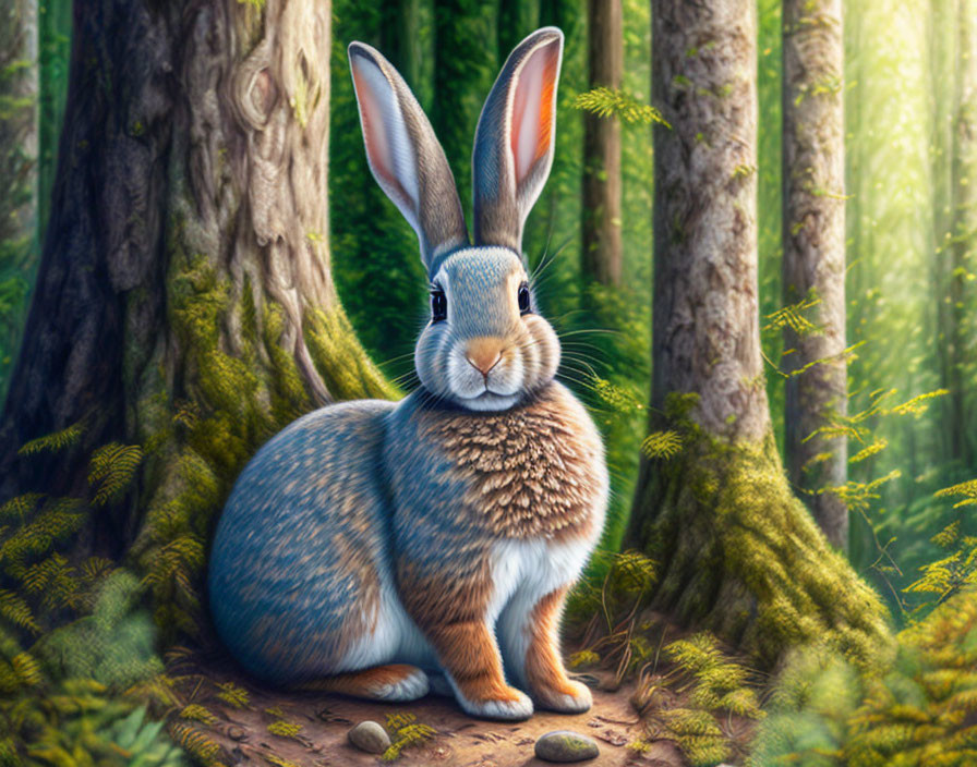 Detailed Rabbit Resting in Sunlit Forest with Greenery