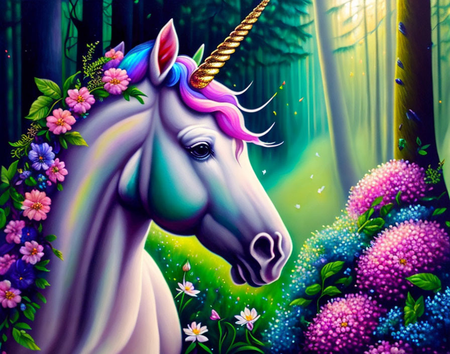 Colorful Unicorn with Golden Horn in Enchanted Forest