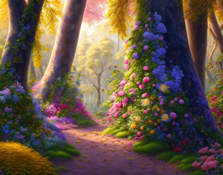 Colorful Flower-Lined Forest Path in Warm Sunlight