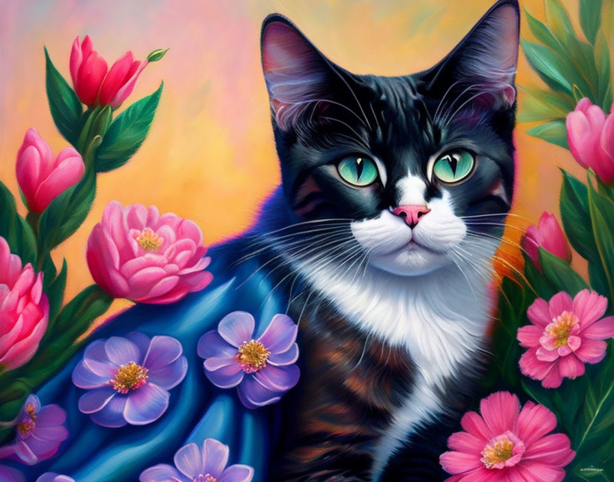 Black and White Cat Painting with Green Eyes and Pink Flowers