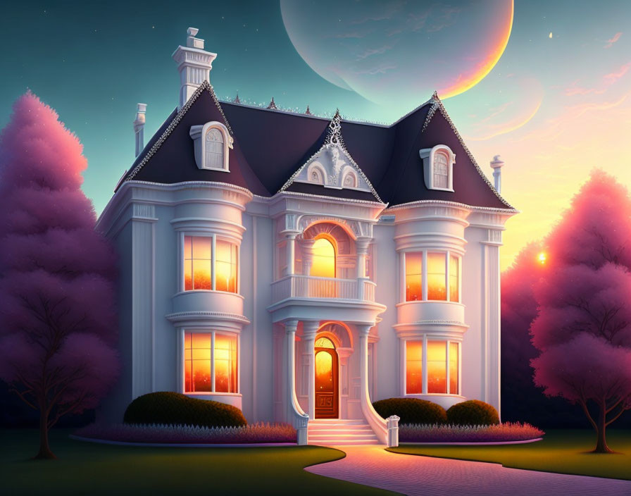 Victorian-style house with illuminated windows and purple trees under large moon