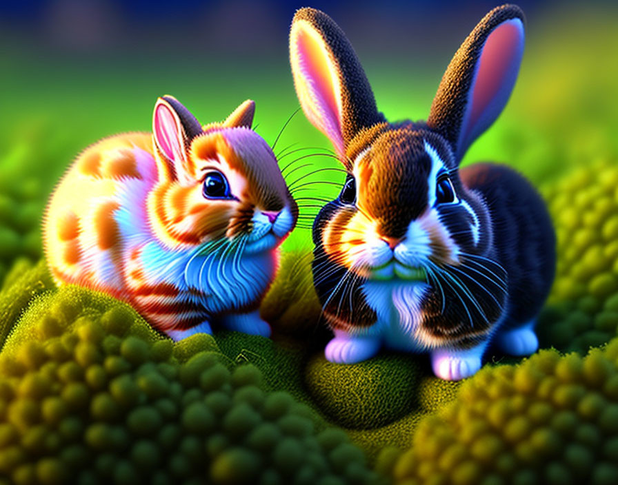 Colorful Cartoon-Style Rabbits on Green Surface with Blue Background