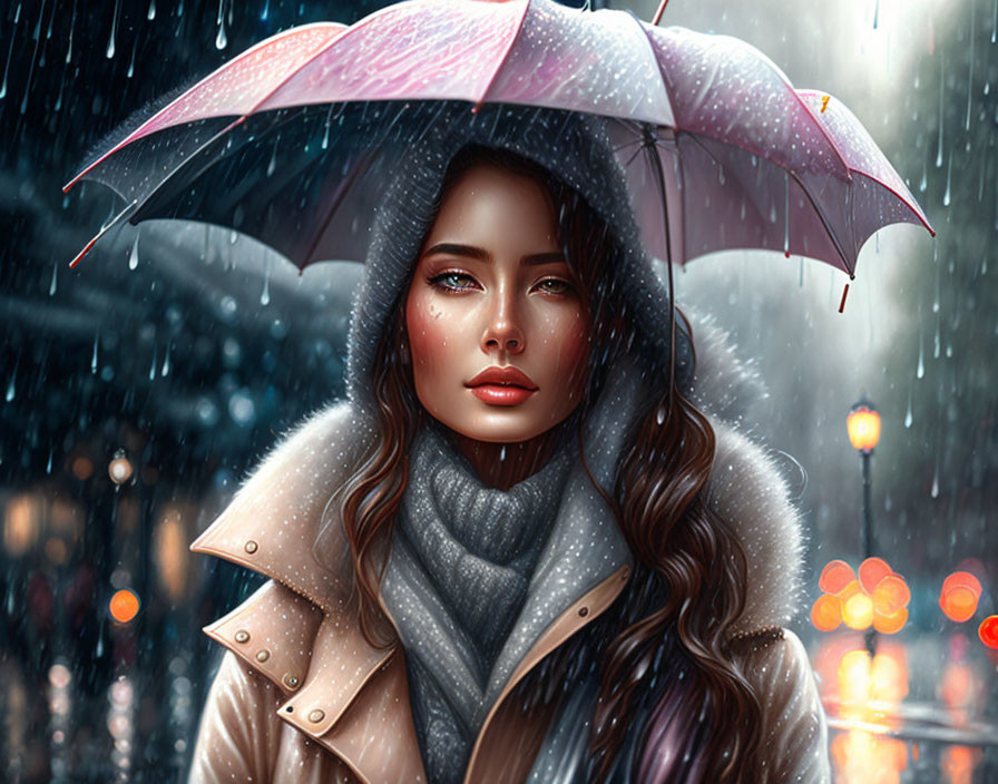 Woman with striking makeup under pink umbrella in rain, warm streetlights illuminate scene