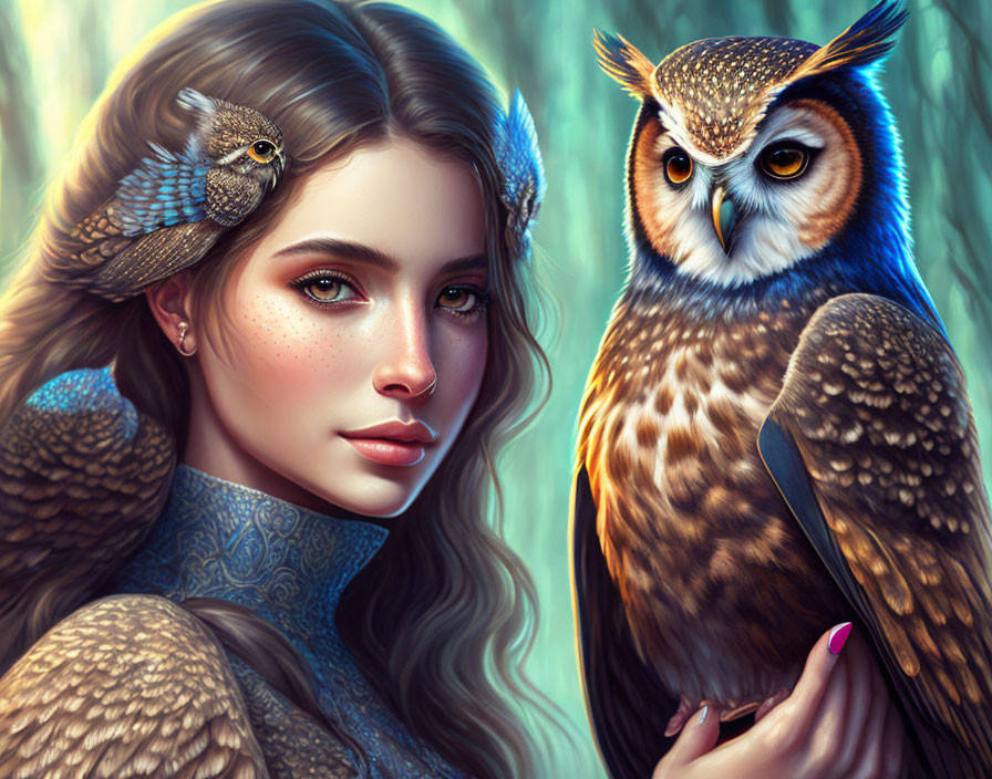 Digital artwork: Woman with freckles and owls in forest scene