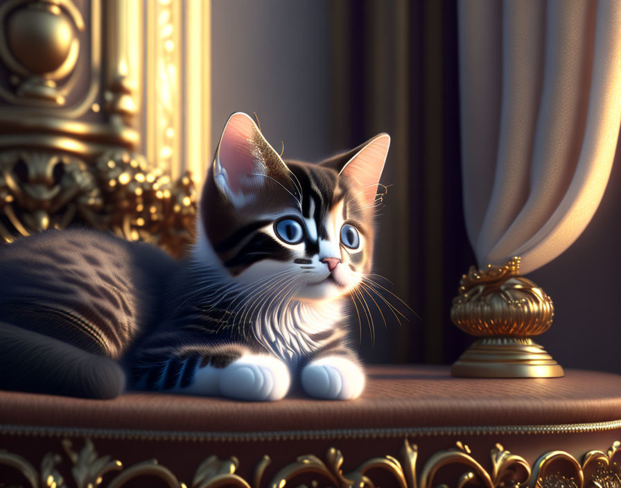 Realistic black and white fur kitten with golden object in luxurious setting