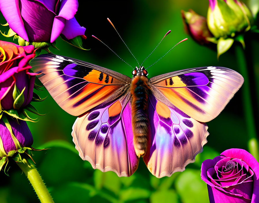 Colorful Butterfly on Pink Flowers in Lush Green Setting