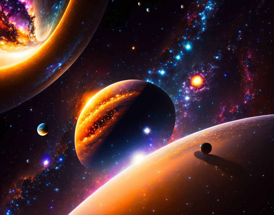 Colorful Space Scene with Planets, Ringed Giant, and Nebula