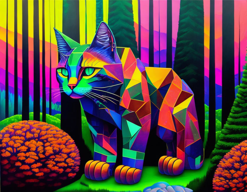 Colorful Geometric Cat in Forest Setting