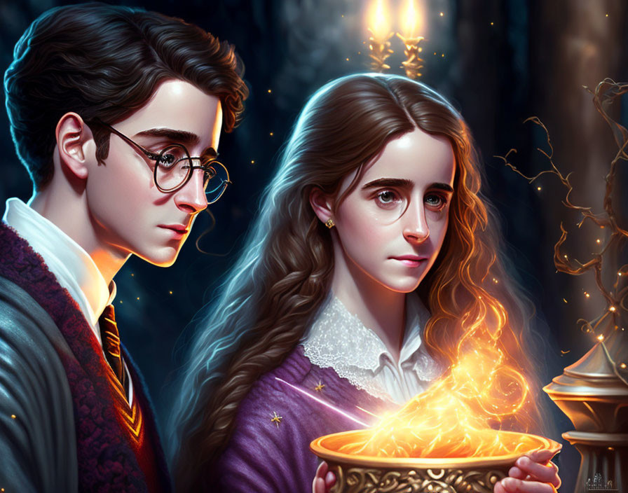 Digital artwork: Young male with glasses and female with long hair gaze at magical object