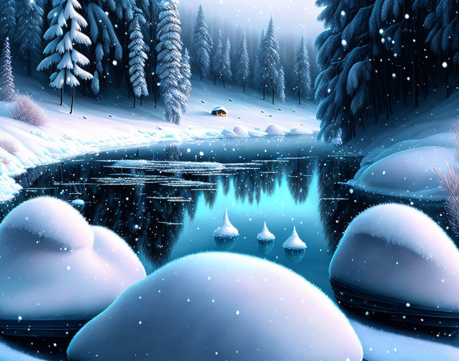 Snow-covered trees, reflective lake, and gentle snowfall on a winter night scene