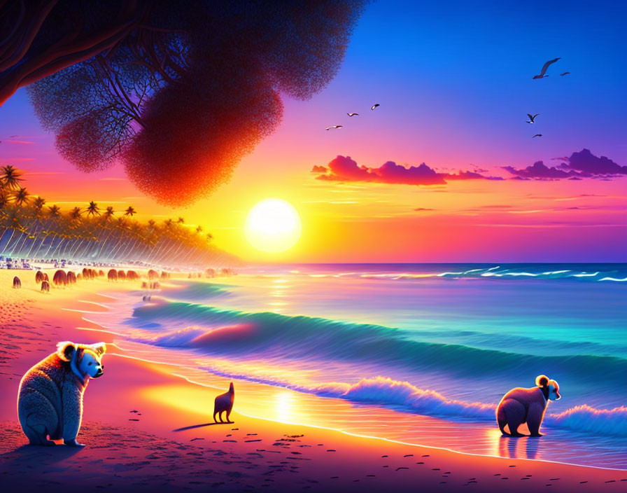 Colorful sunset beach scene with koalas, cat, trees, and birds.