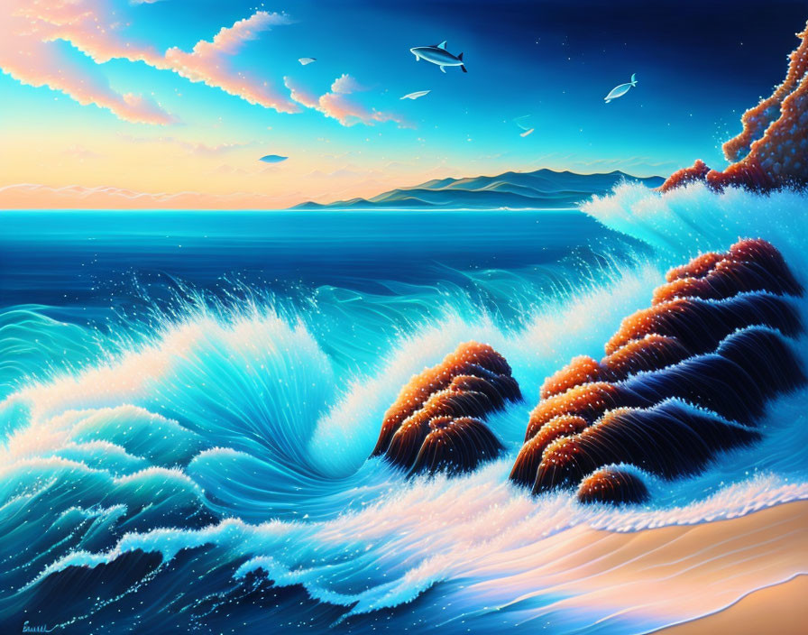 Surreal ocean scene with crashing waves and spikey formations