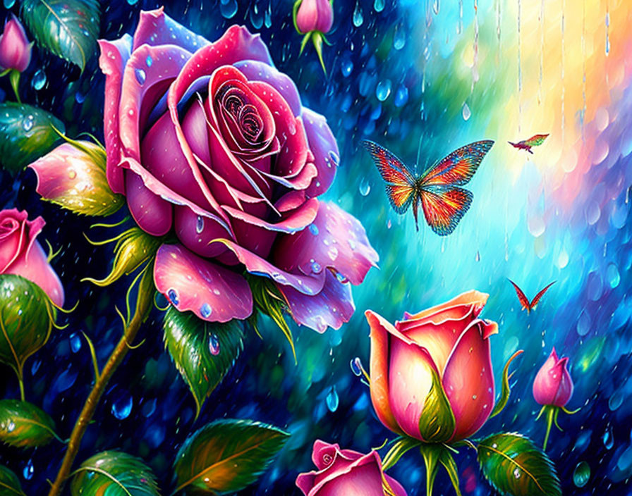 Colorful artwork featuring dew-kissed roses and a vibrant butterfly in a rain-drenched setting