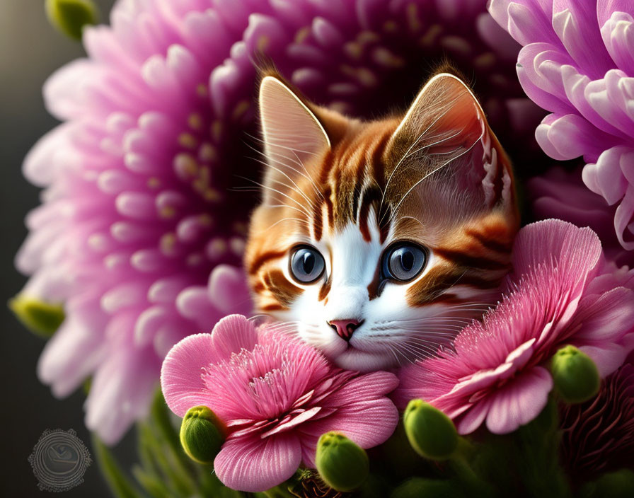 Tabby Kitten with Blue Eyes Among Pink and Purple Flowers