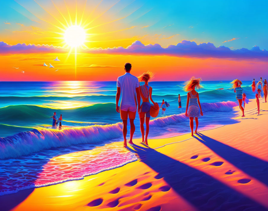 Sunset beach scene: vibrant colors, people walking, gentle waves, radiant sun, warm hues.