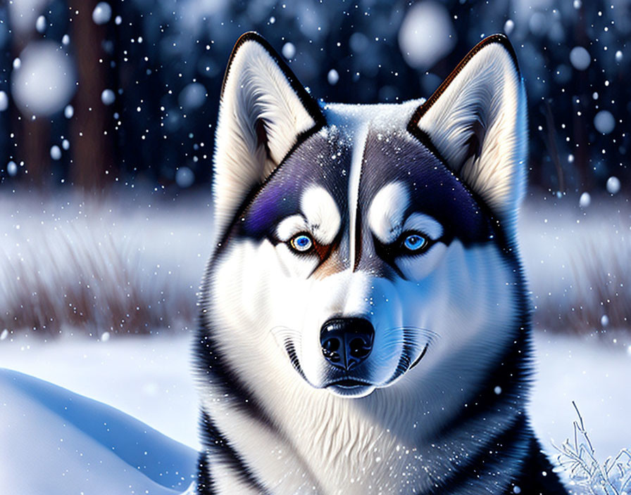 Digital illustration of husky with blue eyes in snowy landscape