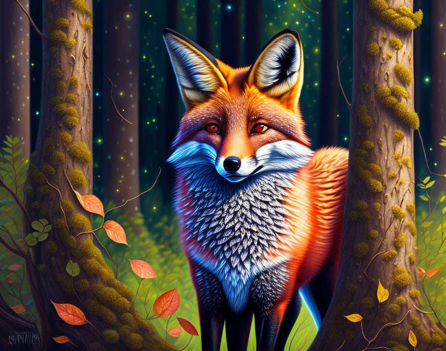 Fox in lush forest with glowing eyes under starry sky