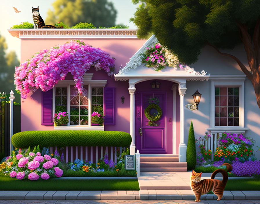 Pink house with purple door, cats on roof and walkway