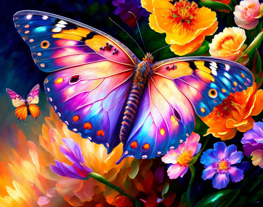 Colorful Butterfly Perched on Vibrant Flowers with Second Butterfly