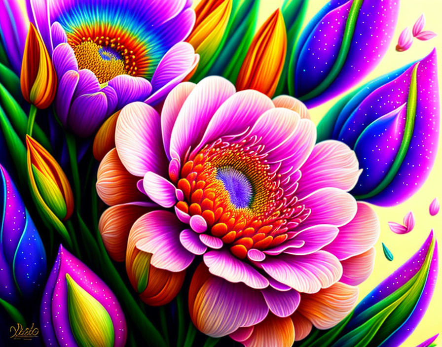 Colorful digital painting of a large pink flower with blue and yellow center surrounded by vibrant petals and leaves