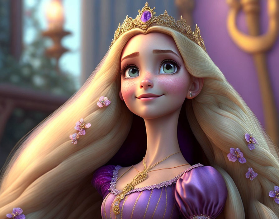 Young princess with long blonde hair in purple dress and crown