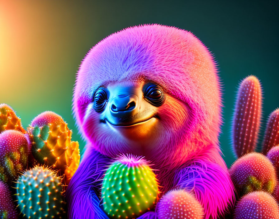 Colorful digital artwork of a neon sloth in vibrant cactus setting