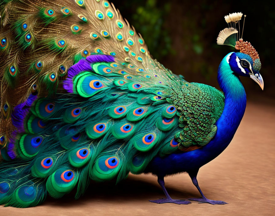 Colorful Peacock with Iridescent Tail Feathers on Reddish-brown Background