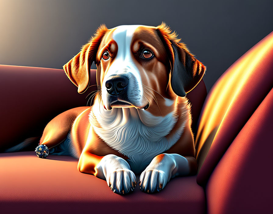 Brown and White Beagle Dog Resting on Orange Couch in Soft Light