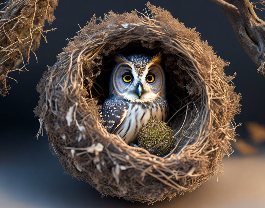 Owl in Tree Hollow with Bark and Branches