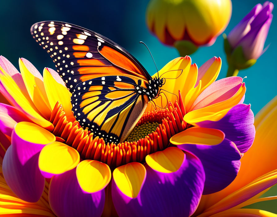 Colorful Monarch Butterfly on Flower Petals with Blurred Background