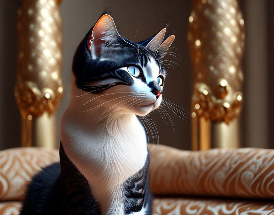 Digital Artwork: Cat with Human-Like Eyes on Elegant Golden Drapes