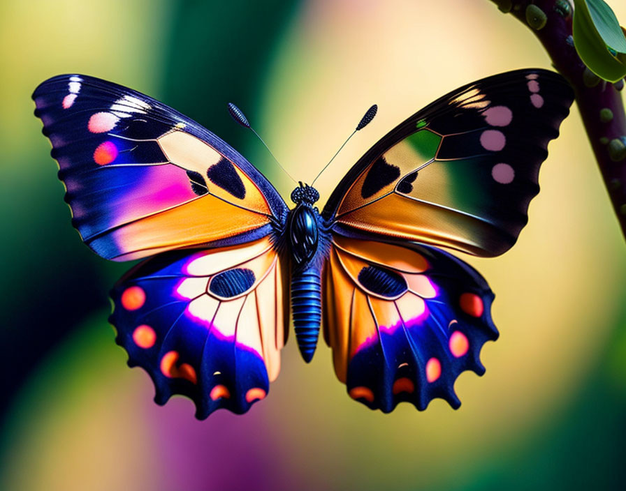 Colorful Black-Winged Butterfly on Plant with Blue and Orange Patterns