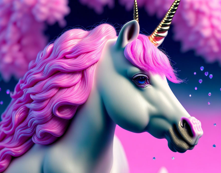 Colorful Unicorn Illustration with Pink Mane and Golden Horn