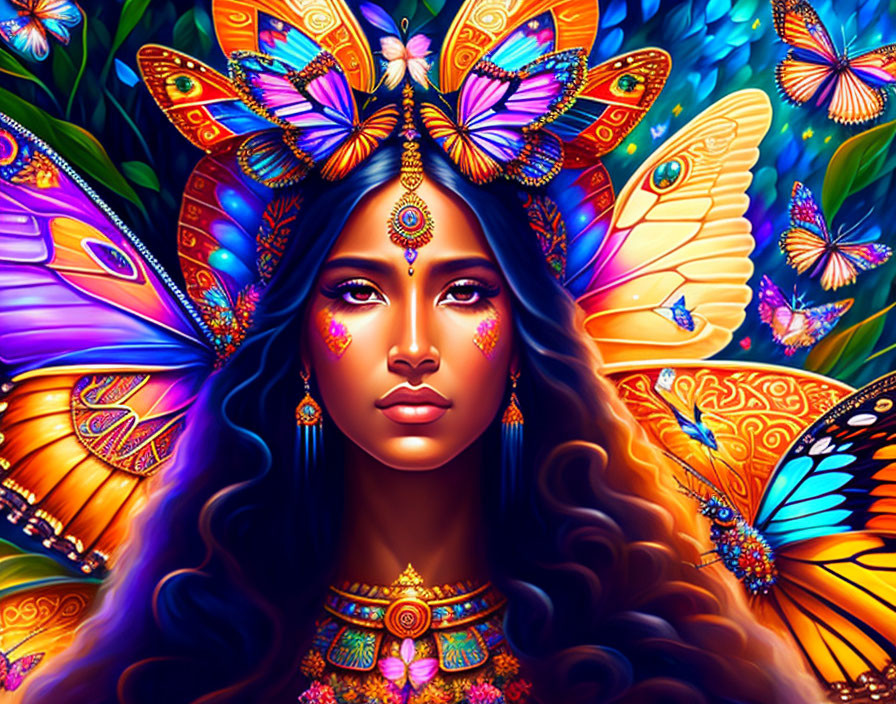 Colorful Woman with Butterfly Wings and Jewelry Amid Butterflies