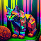 Colorful Geometric Cat in Forest Setting