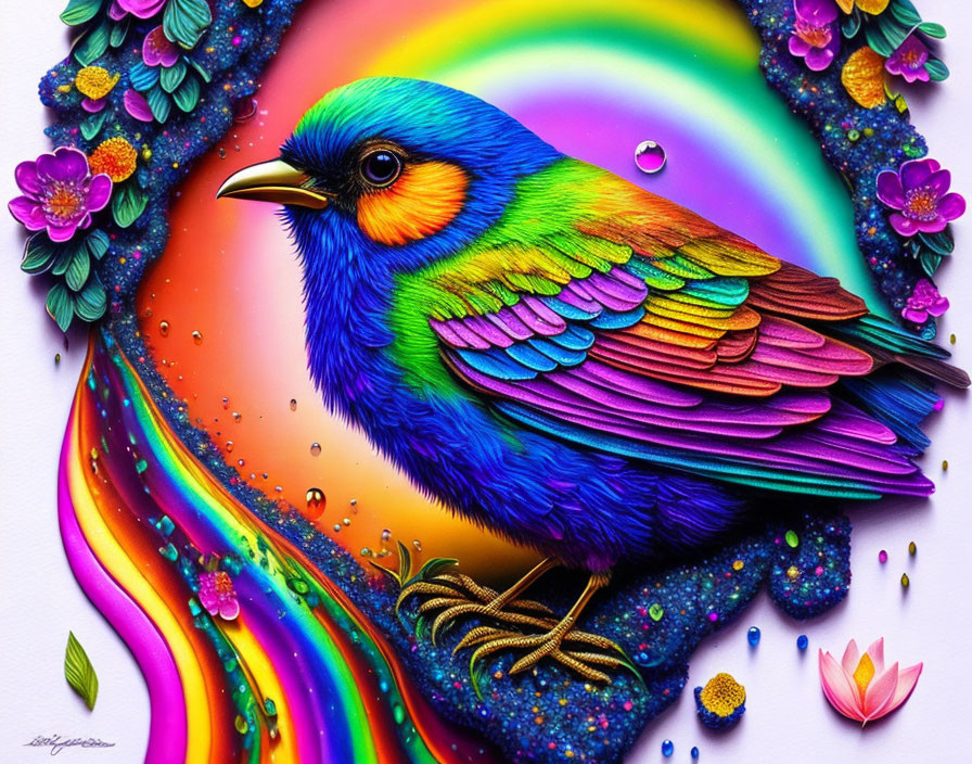 Colorful Bird Artwork with Flowers, Droplets, and Rainbow Background