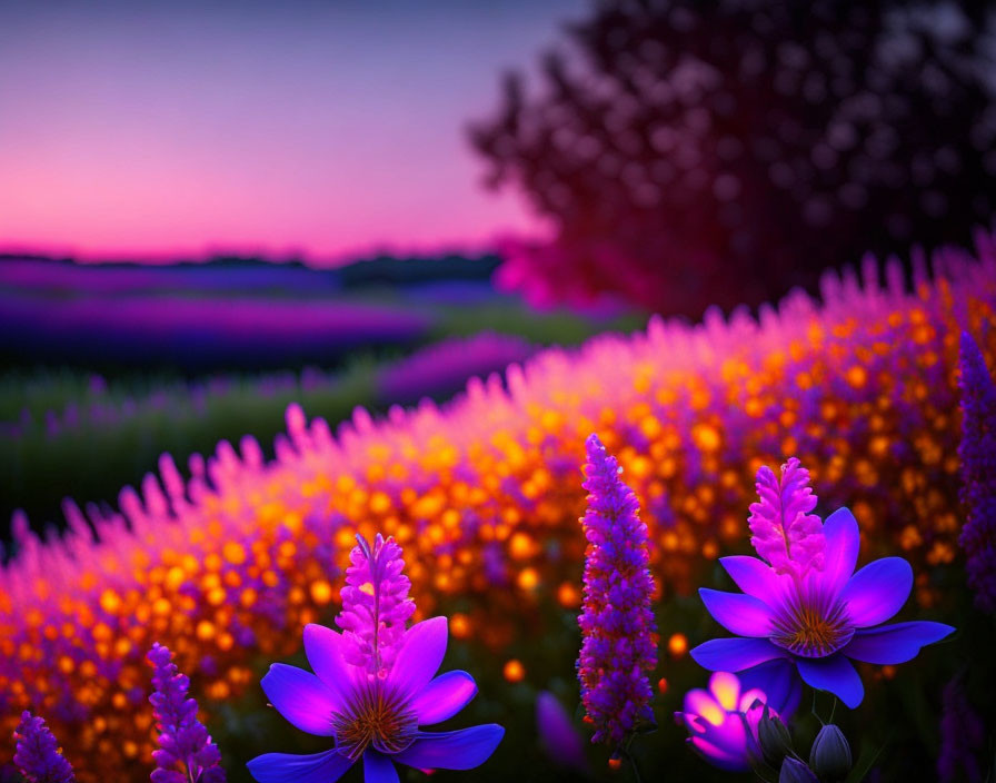 Vibrant Purple and Yellow Flowers with Colorful Sunset