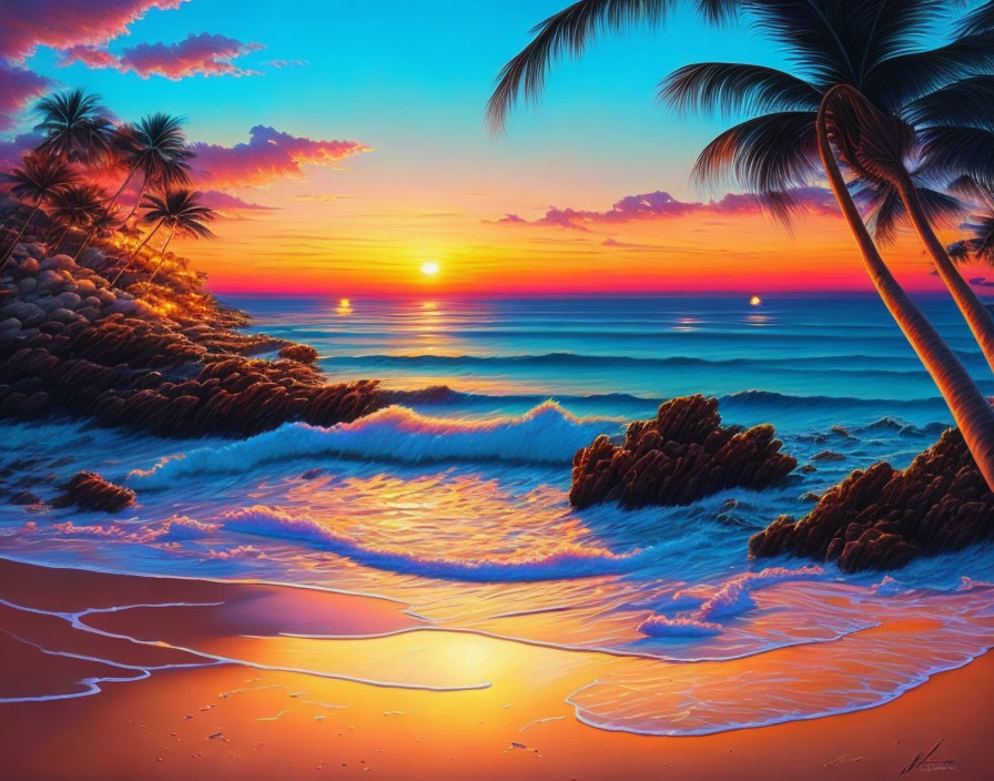 Scenic beach sunset with palm trees, rocks, and waves