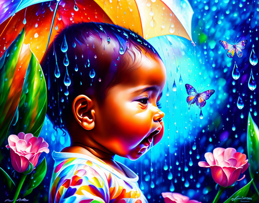 Child under rainbow umbrella surrounded by raindrops, butterflies, and flowers