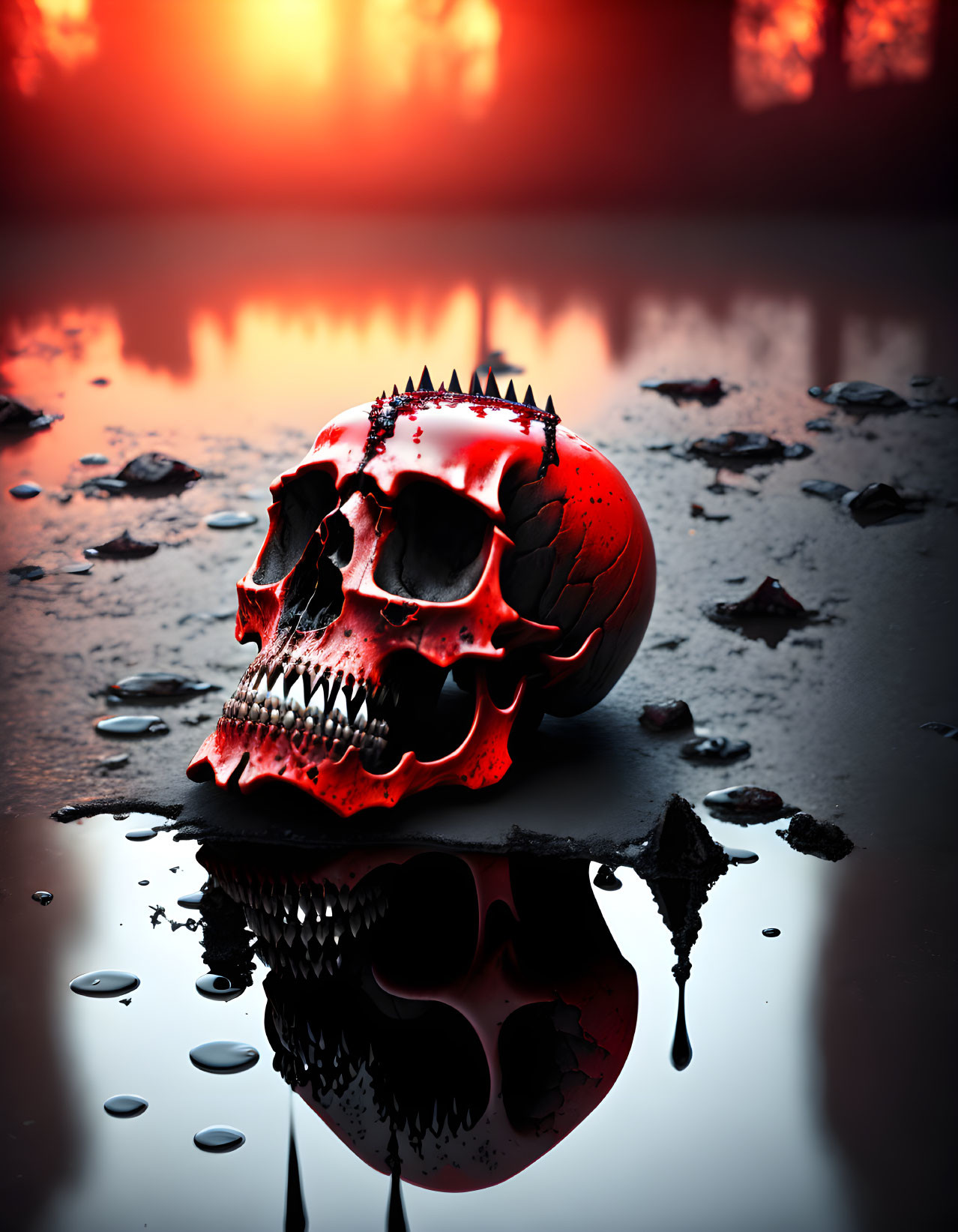 Skull with spiky headband on reflective surface under red sky