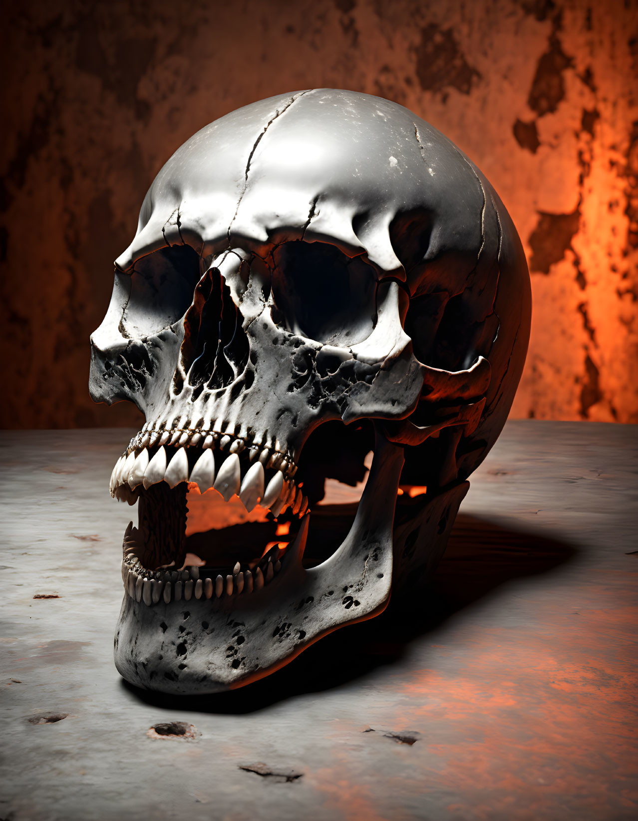 Detailed skull with cracked dome on reflective surface against orange backdrop