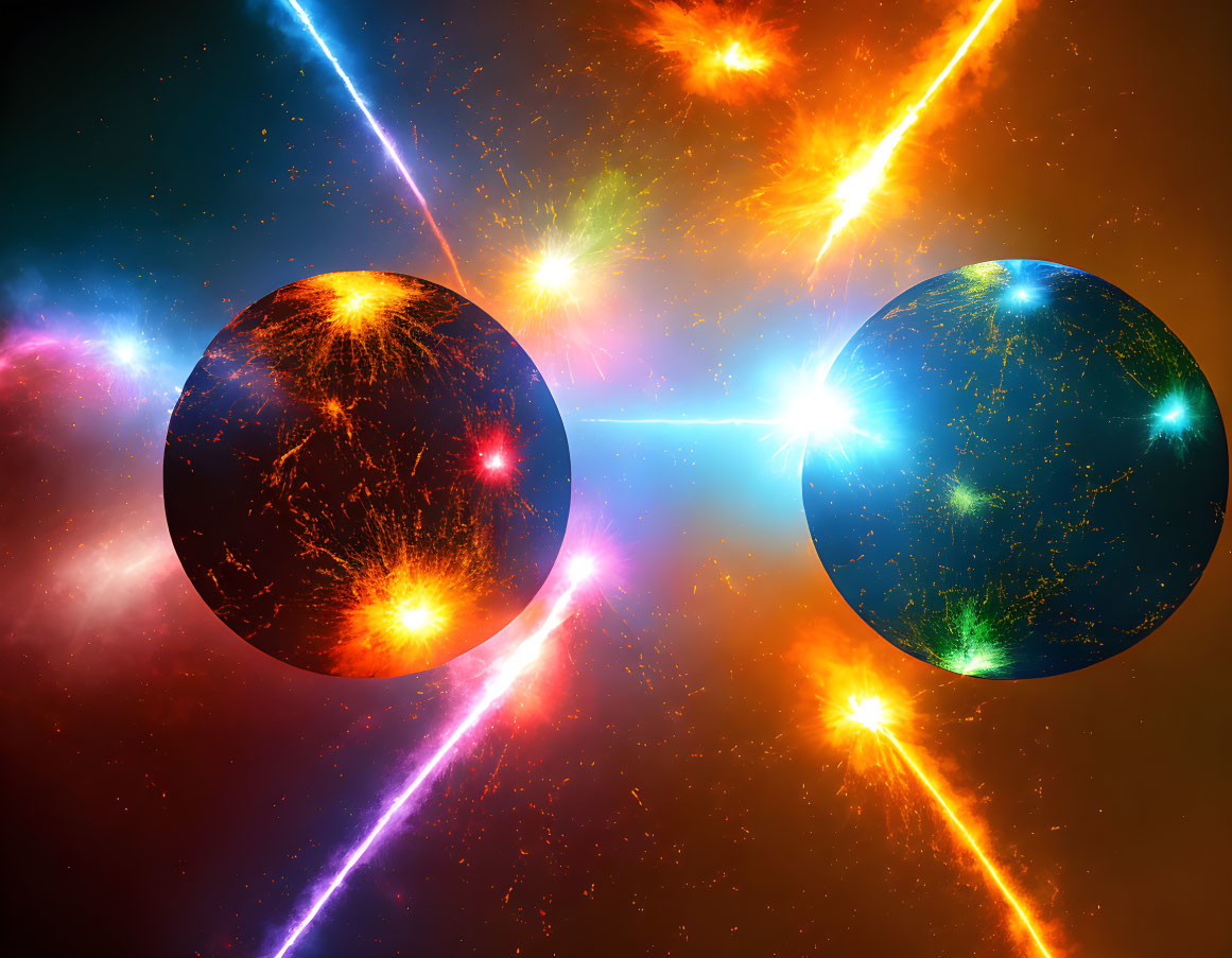 Colorful Cosmic Colliding Spheres Emitting Light Beams